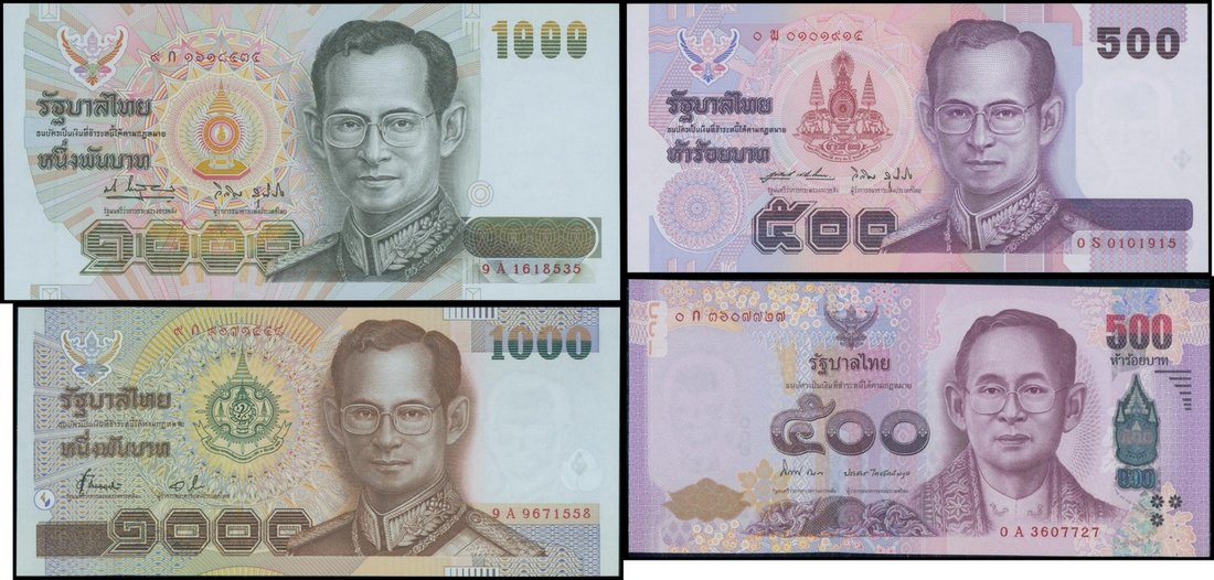 Bank of Thailand, a group of four notes, 2x 500 Baht (1996, 2014) and 2x 1000 Baht (1992, 1999), re