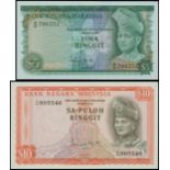 Bank Negara Malaysia, a pair of 5 and 10 ringgits, 1967-72, black serial A/6 796252 and A/65 805546