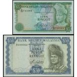 Bank Negara Malaysia, a pair of 5 and 50 ringgits, 1981-1983, black serial B/28 733565 and B/77 699