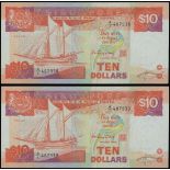 Singapore, Board of Commissioners of Currency, a pair of consecutive $10, ND(1988), serial number A