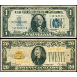 U.S.A., $1 and $20 gold certificate, 1934 and 1928, serial number C40926258A and A10896948A,