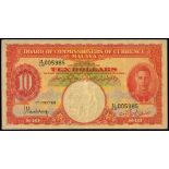 Malaya, $10, 1941, serial number H/49 005985, watermark of lion at bottom centre, George VI at righ