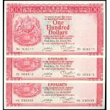 The HongKong and Shanghai Banking Corporation, consecutive run of 3x $100, 31.3.1982, serial number