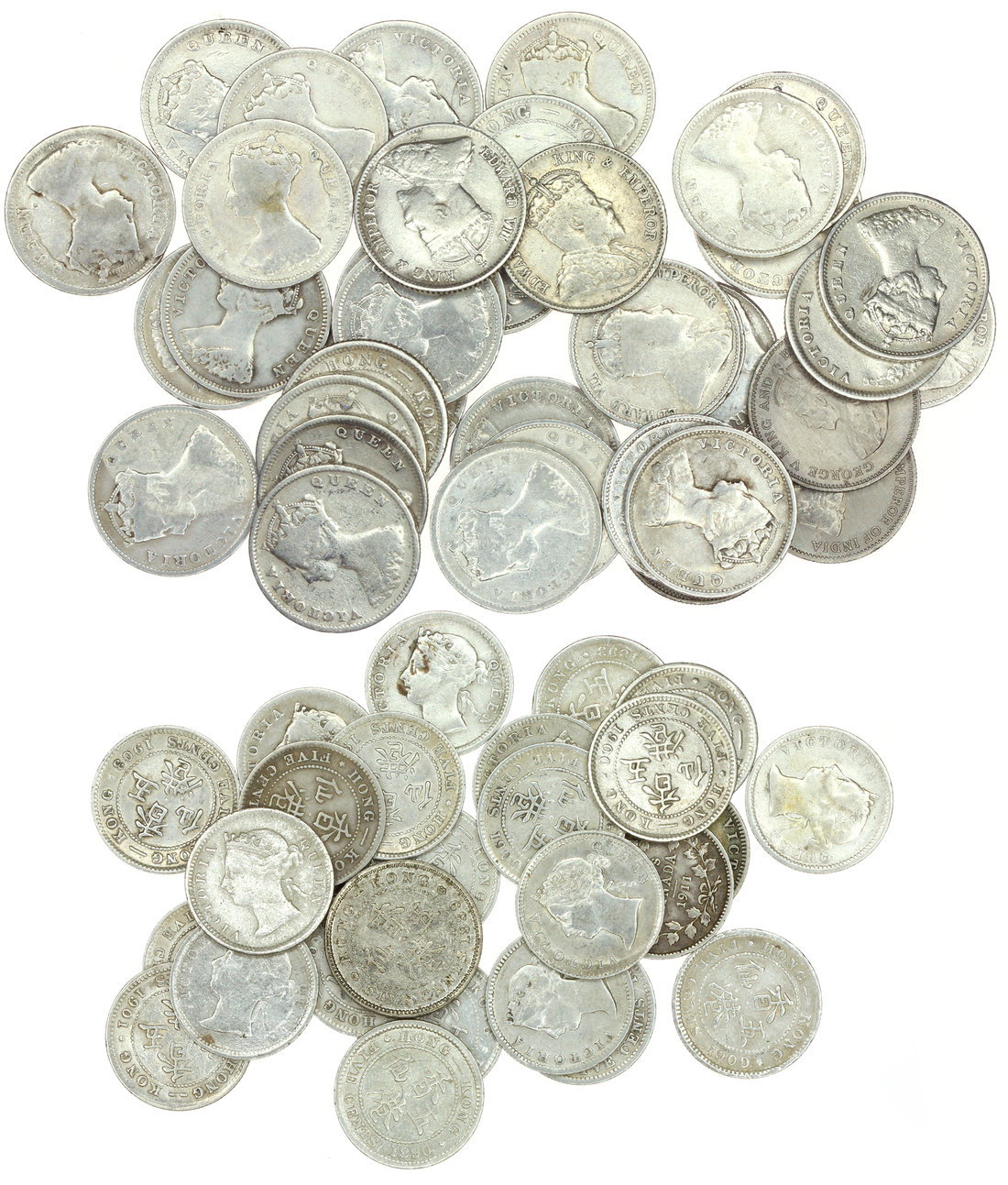 Hong Kong, mixed lot of 27 x 5 cents and 39 x 10 cents, mostly silver, a few copper nickel, togethe