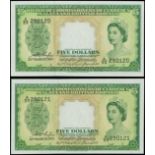 Malaya and British Borneo, Board of Commissioners of Currency, a consecutive pair of $5, 1953, seri
