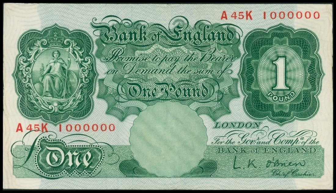 Great Britain, ?1, ND(1955-60), rare 1 million number A45K 1000000, Britannia at left, watermark of