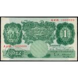 Great Britain, ?1, ND(1955-60), rare 1 million number A45K 1000000, Britannia at left, watermark of