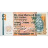 The Standard Chartered Bank, $20, 1.1.1985, solid serial number J777777, (Pick 279a),