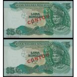 Bank Negara Malaysia, lot of 2x 5 ringgit, specimen (1986-1991), without serial numbers, (Pick 28s)