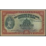 The Chartered Bank of India, Australia & China, $10, 1.9.1956, serial number T/G 3933929, red and b