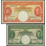 Board of Commissioners of Currency Malaya, lot of 2 notes, $5 and $10, 1.7.1941, (Pick 12 and 13),