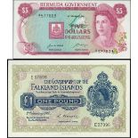 British Administration, Bermuda $5, 1970 and Falkland Islands ?1, 1967, serial number A/1577609 and