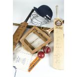 Various items, small cricket helmet with BBC sport printed on it, eighteen signatures from Surrey CC