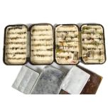 Angling Equipment, a vintage pair of Hardy Bakelite fly boxes with tied fly contents together with a