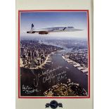 Aviation, a signed photograph of Concorde flying above New York with river and buildings below ( inc