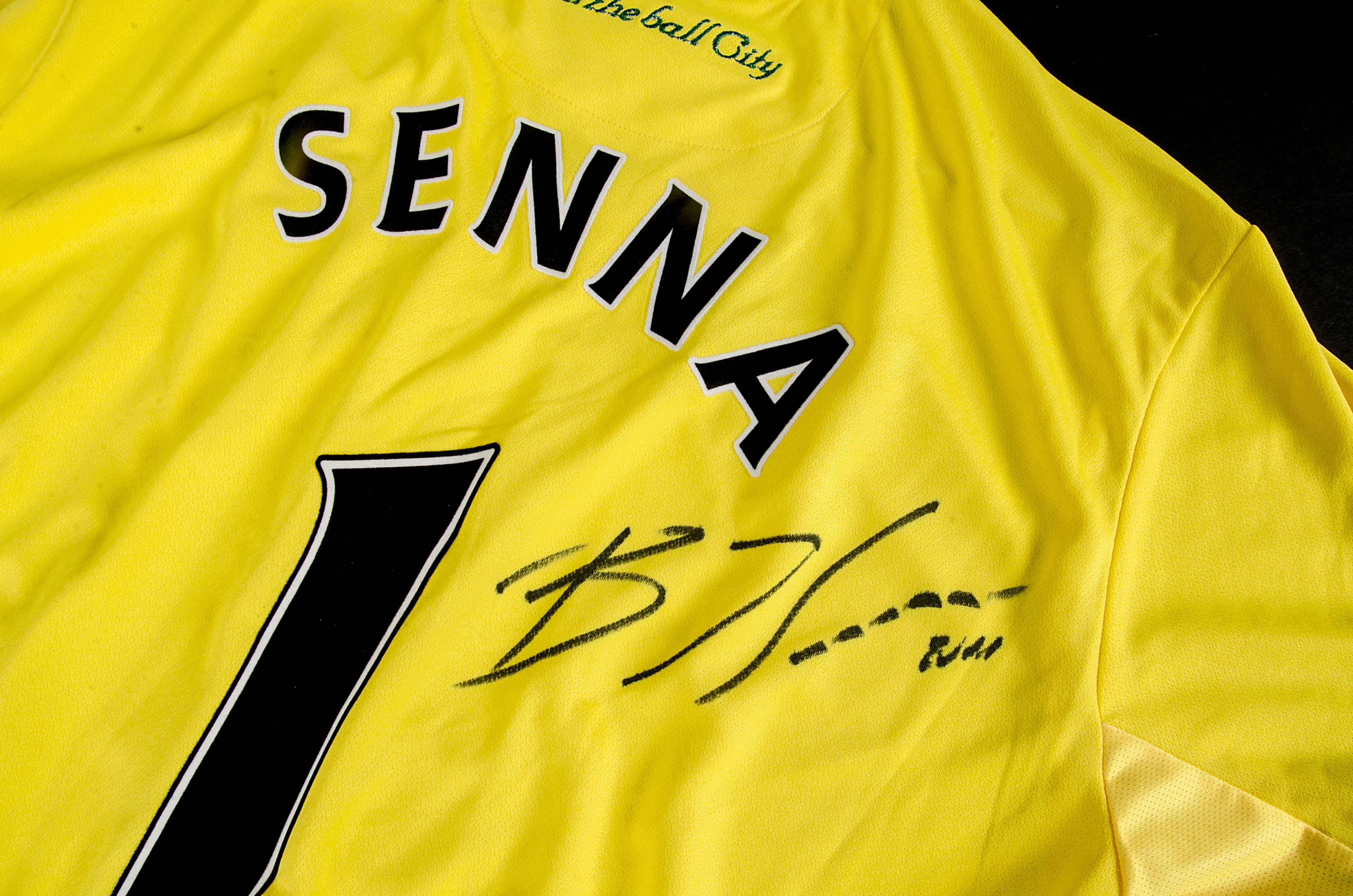 Norwich City FC, Signed by Senna with No 1 on back printed with Senna, yellow, green trim M