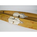 Water Skis, two pairs of old wooden skis with rubber footholds, 48" stickered Nash & Riviera. 66"