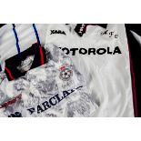 Football shirts, ten with logos, grey (Sharp) L, white ( Panasonic) XL, blue/white stripes (
