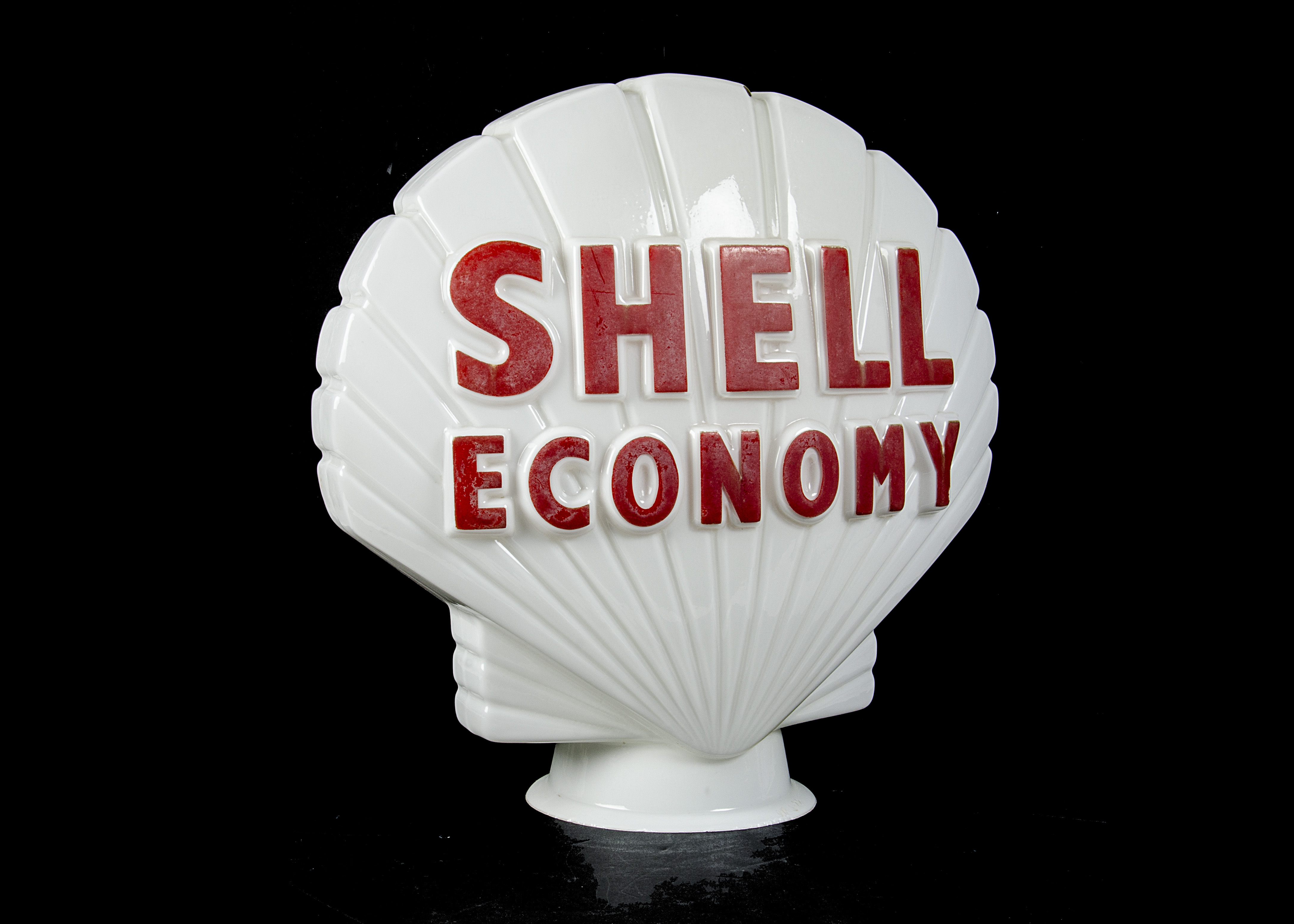 Motoring, a vintage Shell Economy pump globe, in white with red lettering, approx 43cm high, very