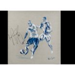 Football Painting, Ledley King 26 signed on a painting of two footballers in blue/white on hessian