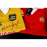 Signed shirts, red/white short sleeved signed by Lou Macari and an Australian rugby shirt signed