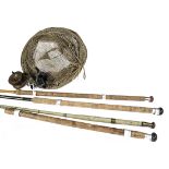 Angling Equipment, a collection of 4 vintage fishing rods together with a keep net and a Ambidex