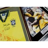 Pele, framed and glazed Brazil shirt 23" X 25" signed together with a signed Pele print 23" X 27"