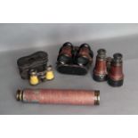 Binoculars, three early pairs together with a 3 draw telescope, covering removed