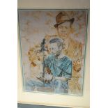 Eric Clapton, framed and glazed print of a watercolour 20" X 24" with Robert Johnson in the