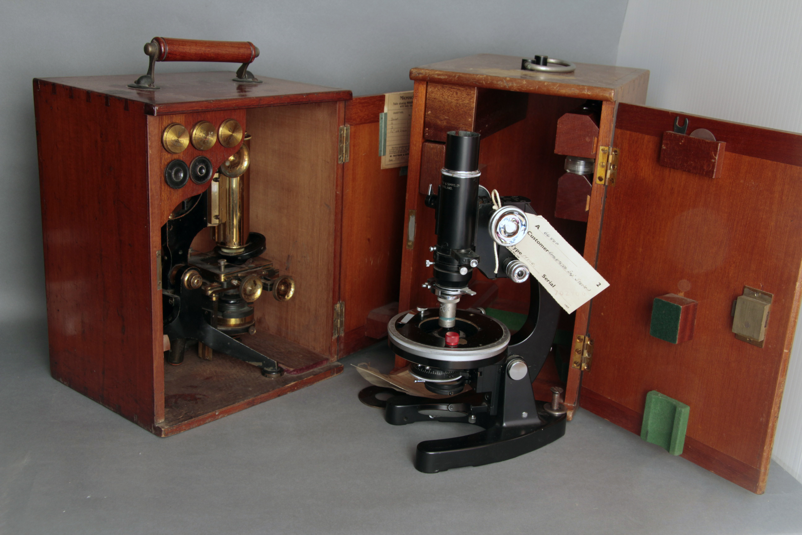 Microscopes, 4 examples including Watson, Parsons and others each in wooden case (2 trays)