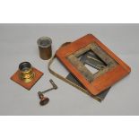 A Selection of Mahogany & Brass Camera Parts, including Underwood brass lens, together with a