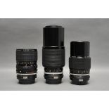 Three Nikkor Lenses, including f/3.5-4.5 28-85mm, f/4 200mm and f/4.5 80-200mm (3)
