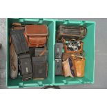 Two Boxes of Various Cameras & Accessories, including box and folding examples, together with some