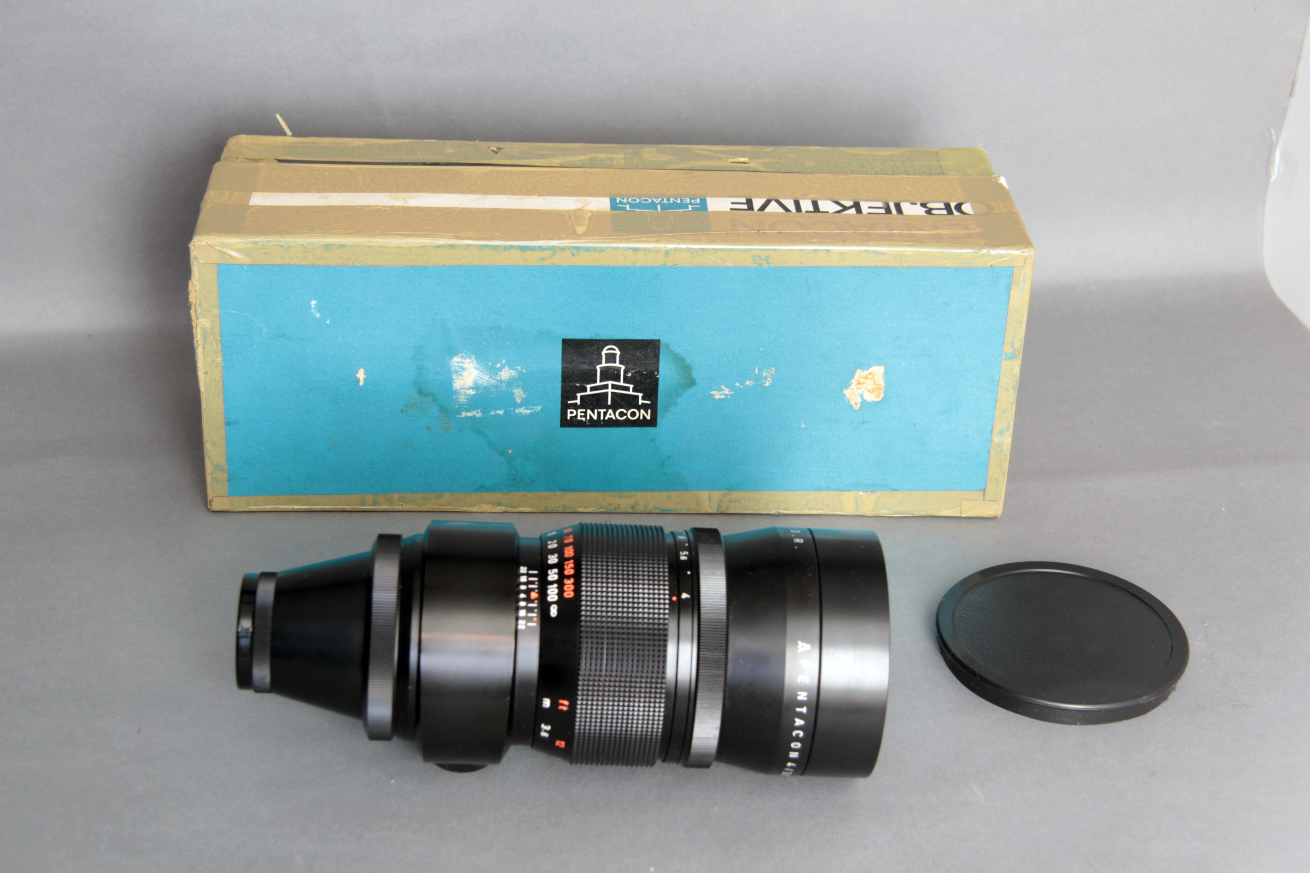Pentacon 300mm Lens, f/4 aperture, slight fungus, with M42 adaptor in makers box