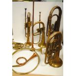 Brass Instruments, six including cornet, bugle and trumpet plus two copper horns (post) many have