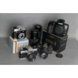 Cameras, a Canon EOS3 body, boxed, Voightländer and Petrie SLR cameras and more