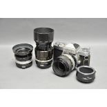 A Nikon Nikkormat FTn SLR Camera, together with three Nikkor lenses, Micro-Nikkor-P f/3.5 55mm,