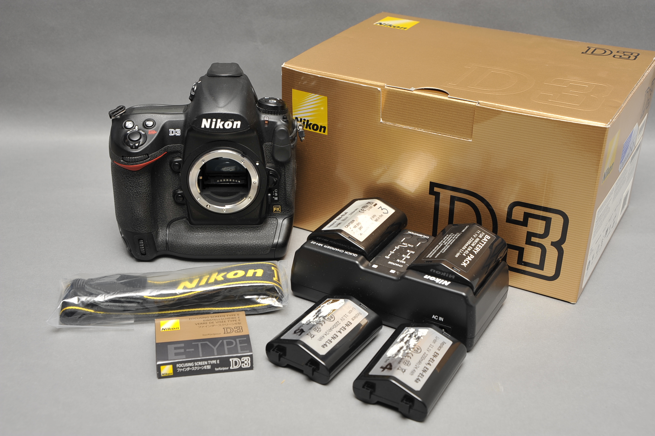 A Nikon D3 Digital SLR Body, with five batteries, in maker's box