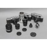 A Selection of Russian Rangefinder Cameras, including Zorki-4, together with additional lenses and