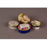 A collection of four 18th century and later enamel patch boxes, one with fete gallant to the lid,