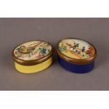 Two country themed Bilston and Battersea Enamels boxes, one with an 18th century shooting scene, the