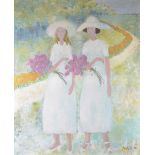 A mid-20th century oil on canvas painting 'Flower Gatherers', of two young ladies dressed in