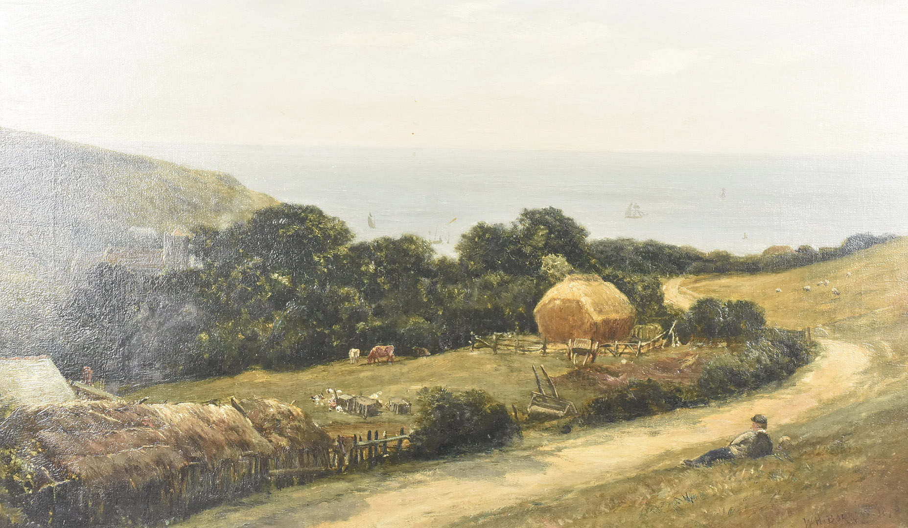 William Henry Borrow (act.1863-1901), oil on canvas landscape, Cornish coastal scene with