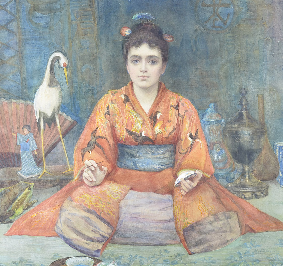 Kate Sturgeon (fl.1881-1895), watercolour portrait of young western girl in kimono surrounded by