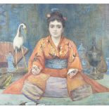 Kate Sturgeon (fl.1881-1895), watercolour portrait of young western girl in kimono surrounded by