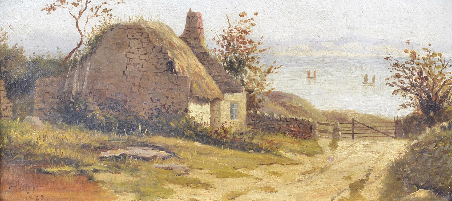 F. Offer (19th century), a small oil on canvas depicting a coastal cottage, Cornish Cottage By The