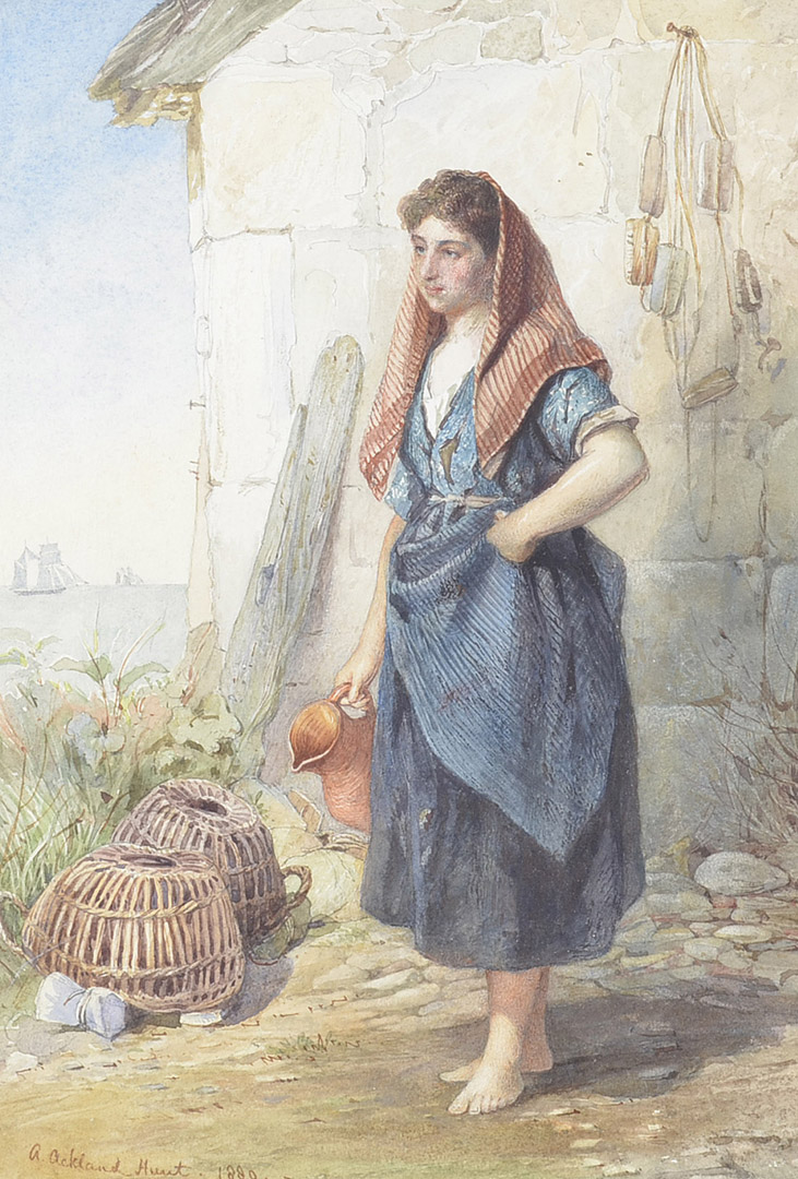 Arthur Ackland Hunt (1841-1914), watercolour 'Fetching Water', of a fisherman's wife, barefoot