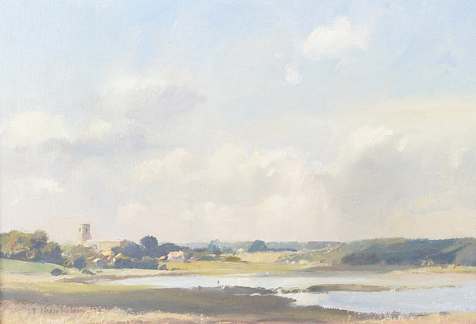 Trevor Chamberlain RSMA ROI (b.1933), oil on canvas landscape 'Spring Morning in Blythburgh', signed