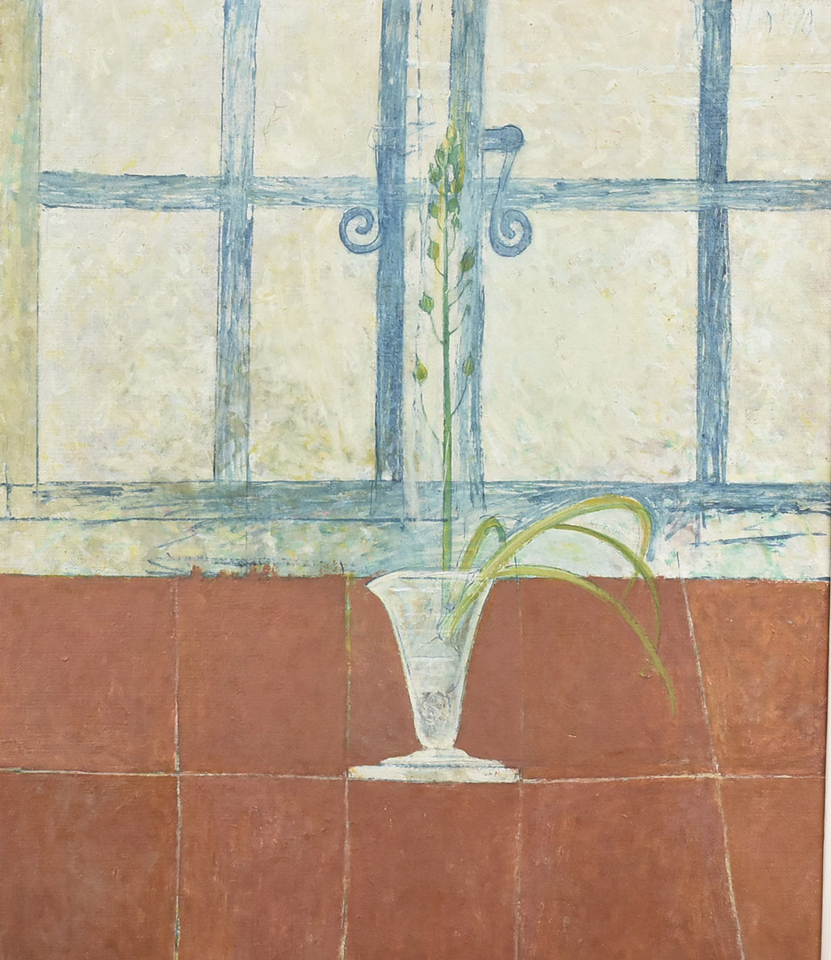 John Doubleday (b.1947), oil on canvas still life 'Hyacinth on Red Tile Window Ledge', signed and