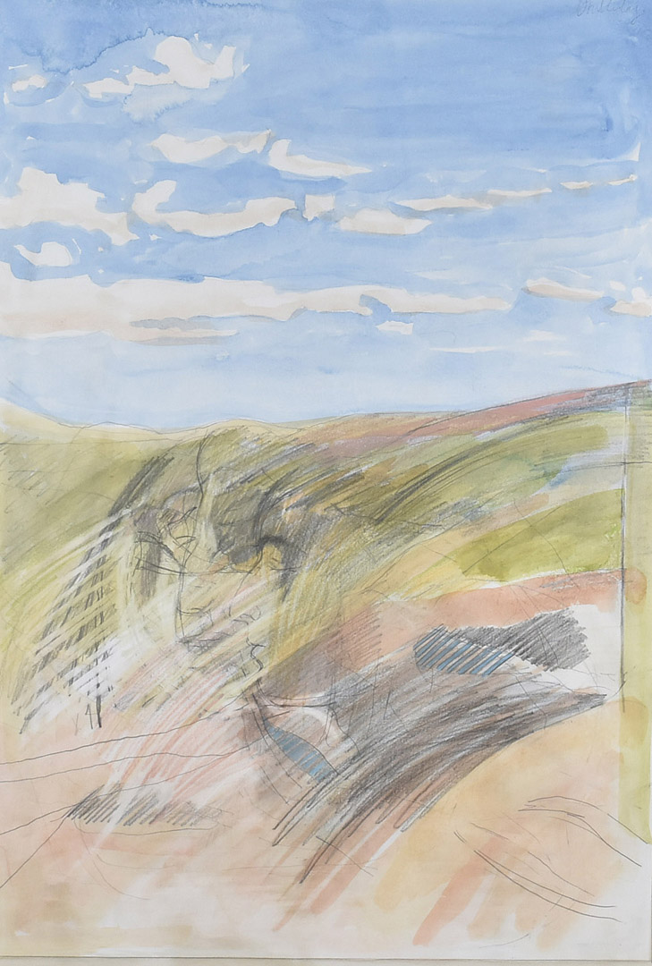 John Doubleday (b.1947), watercolour, crayon, and graphite landscape with faces, signed upper right,